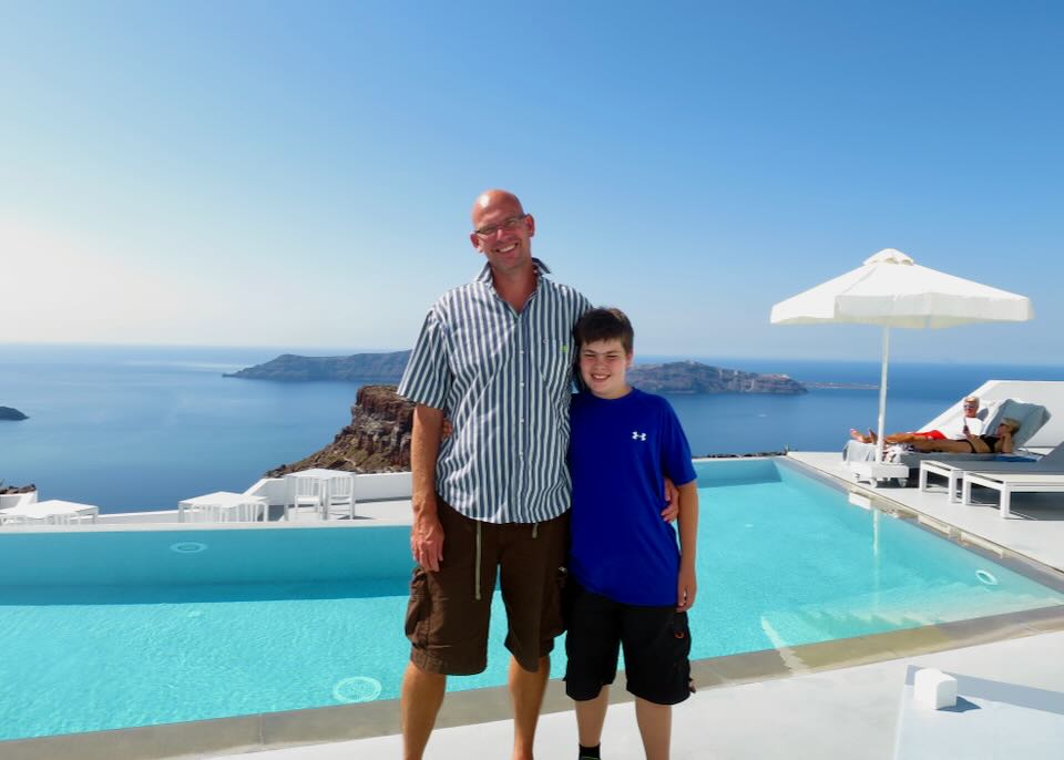 Santorini Dave and his son in Imerovigli, Santorini in October.