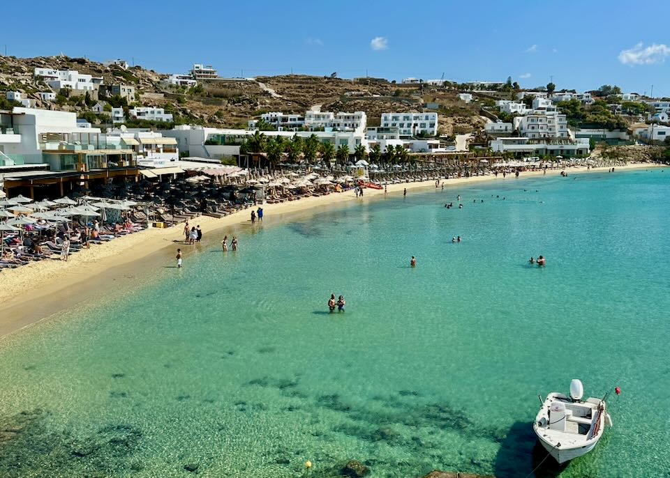A Mykonos beach in September/October shoulder season. 