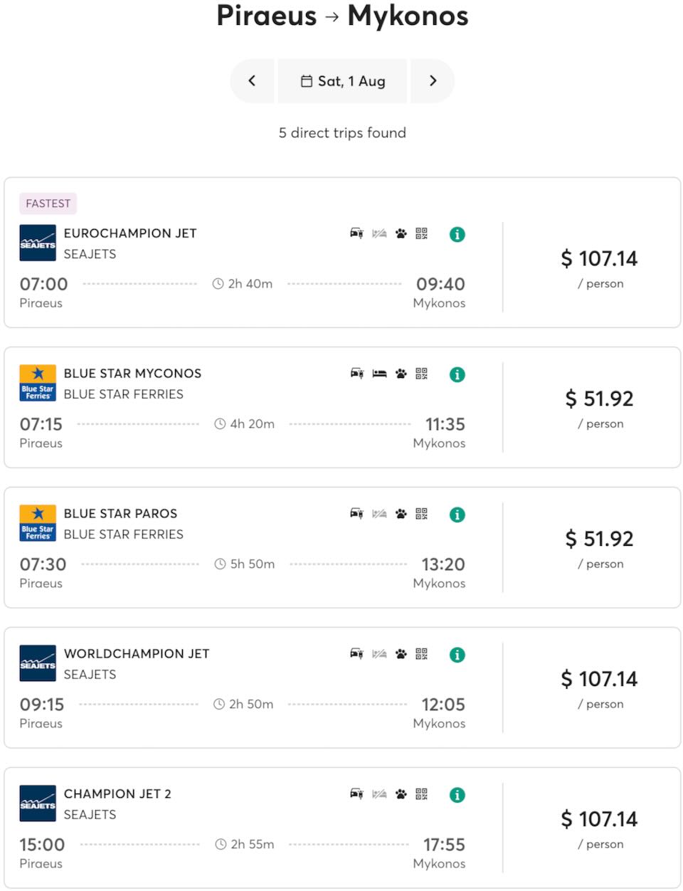 Ferry tickets and schedule for Piraeus to Mykonos.