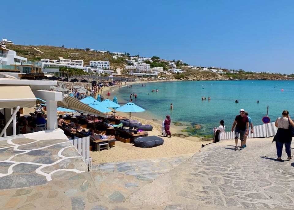 Platis Gialos Beach, Mykonos in May.