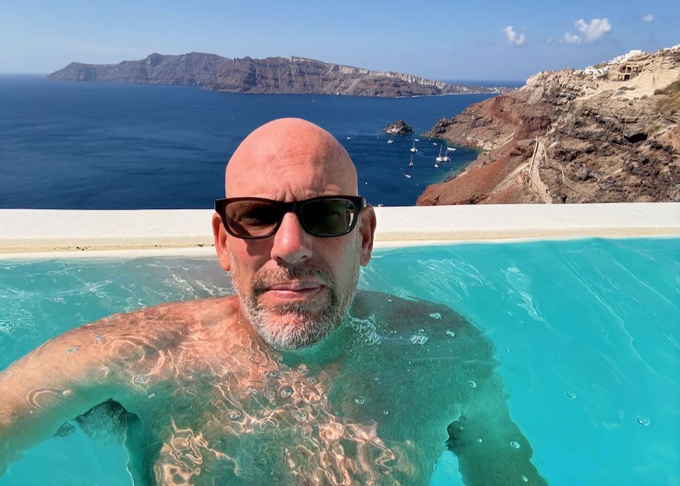 Santorini Dave in a heated pool in Oia, Santorini.