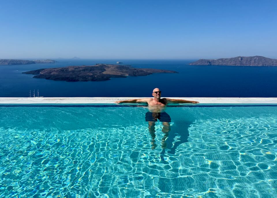 Santorini Dave in swimming in Santorini in September.