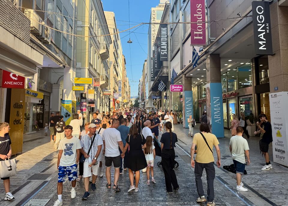 Ermou Street and Syntagma in Athens in August.