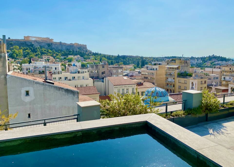 The private pool and Parthenon view at the Penthouse Suite at Perianth Hotel.