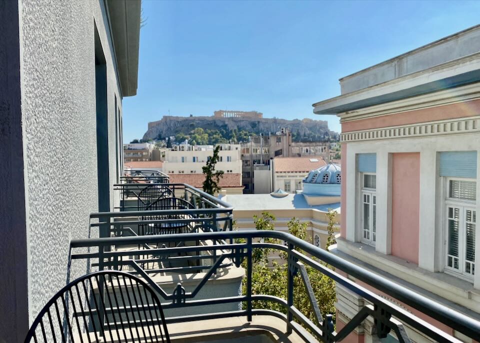 Hotel balcony with Parthenon/Acropolis view.