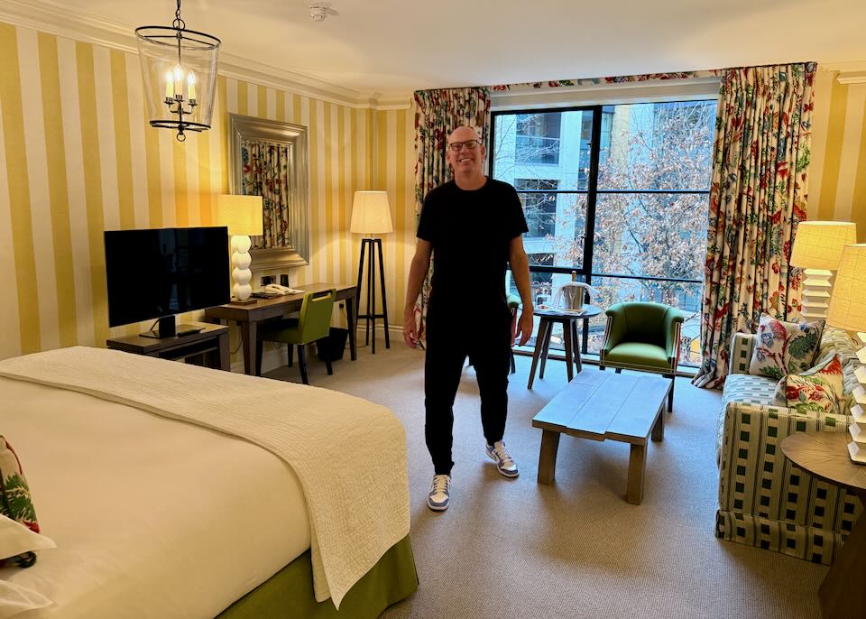Santorini Dave at his hotel near the Piccadilly Line in London.