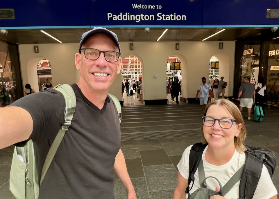 Santorini Dave and his wife in Paddington Station, London.