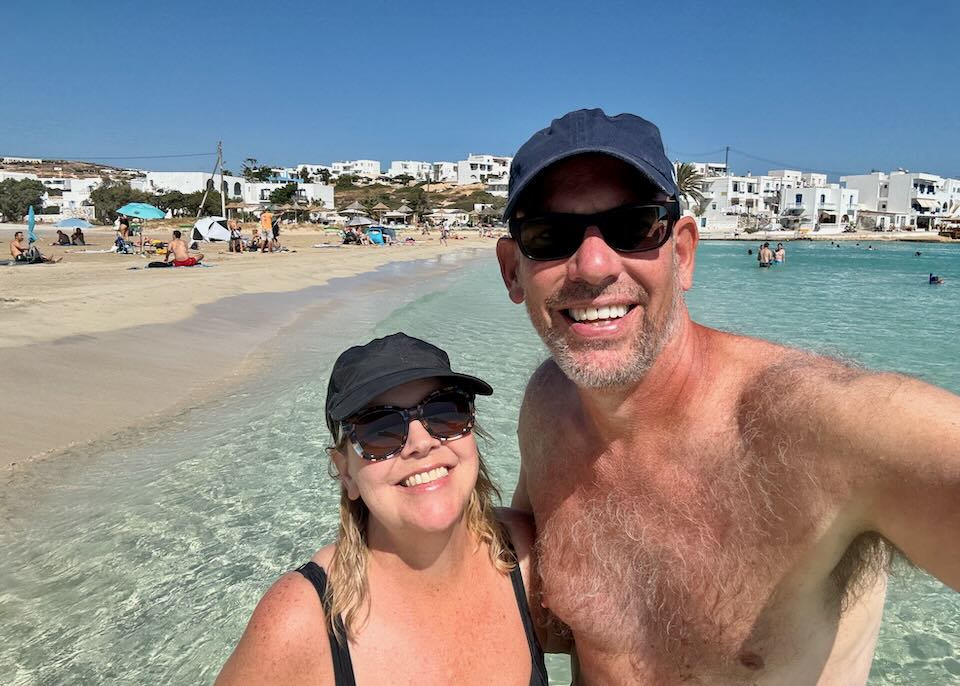 Santorini Dave and his wife swimming in Greece.