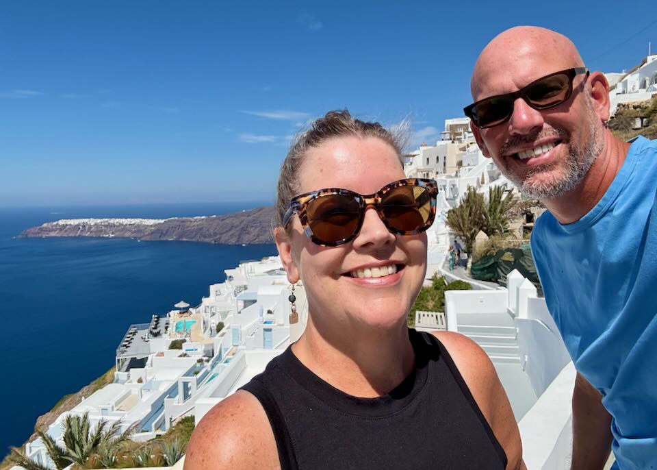 Santorini Dave and his wife in Santorini.