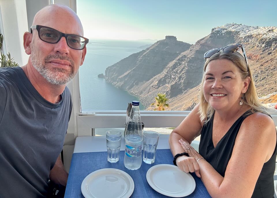 Santorini Dave and his wife in the Greek islands.
