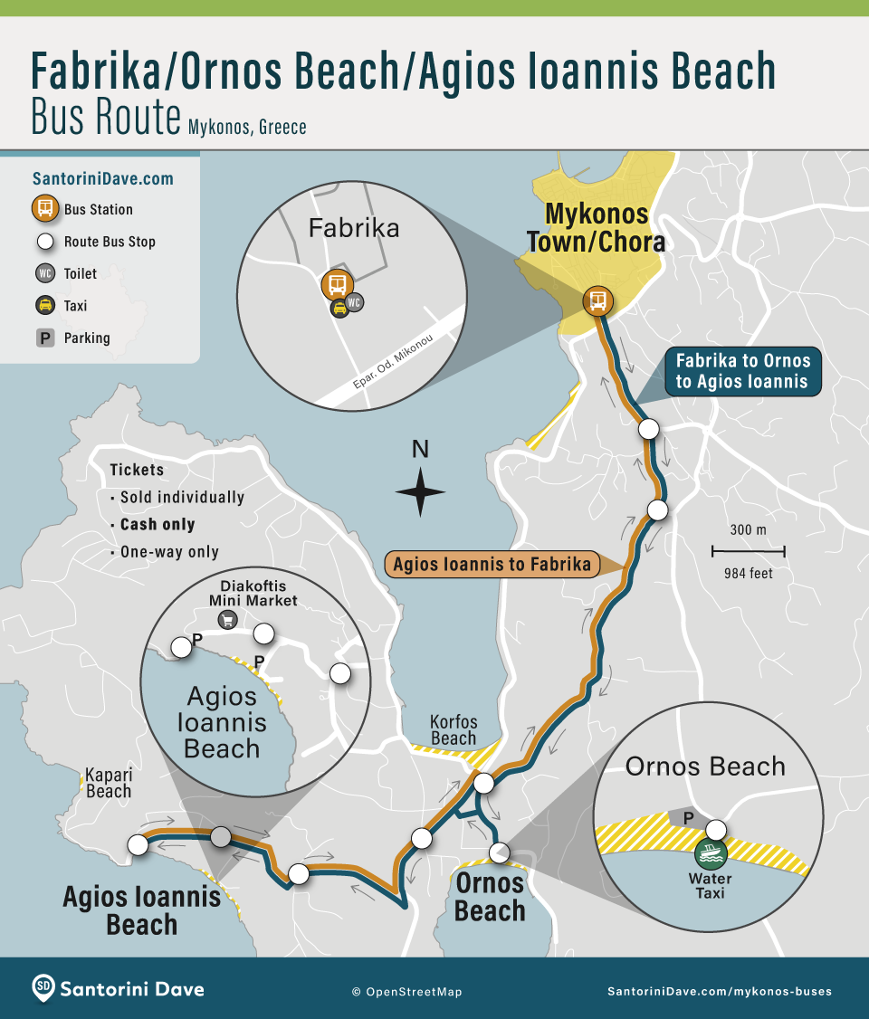 Mykonos Fabrika-Ornos-Agios Ioannis Bus Route.