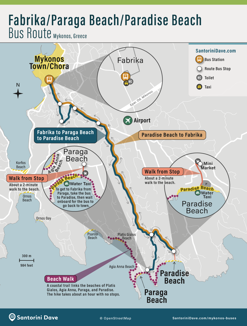 Mykonos Fabrika-Paraga-Paradise Bus Route.