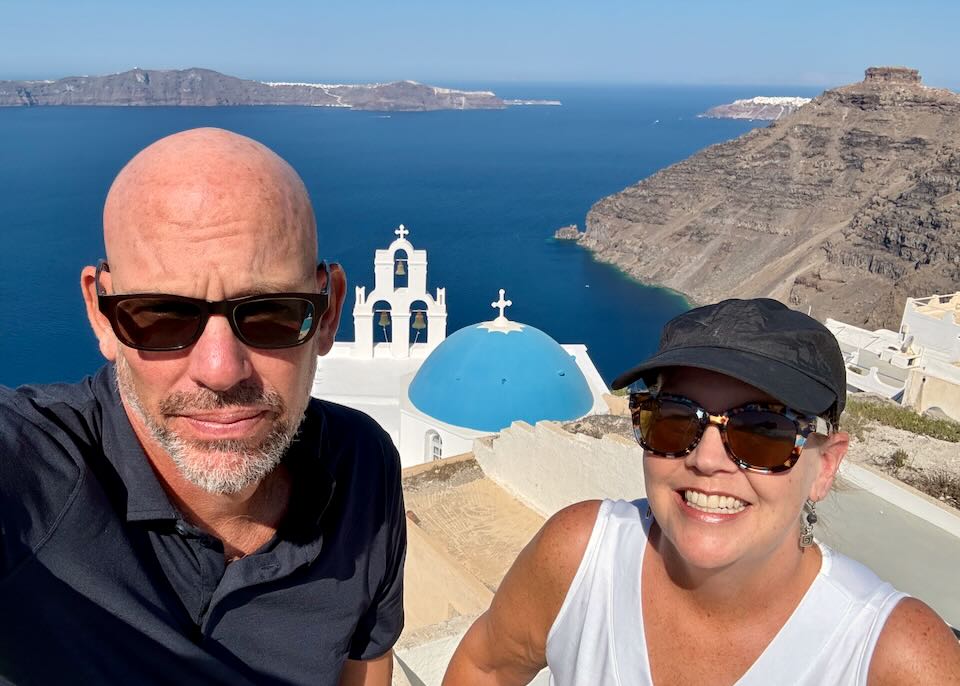 Santorini Dave and his wife in Santorini, Greece.