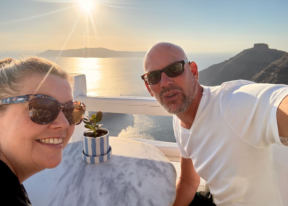 Santorini Dave having sunset dinner in Santnorini.