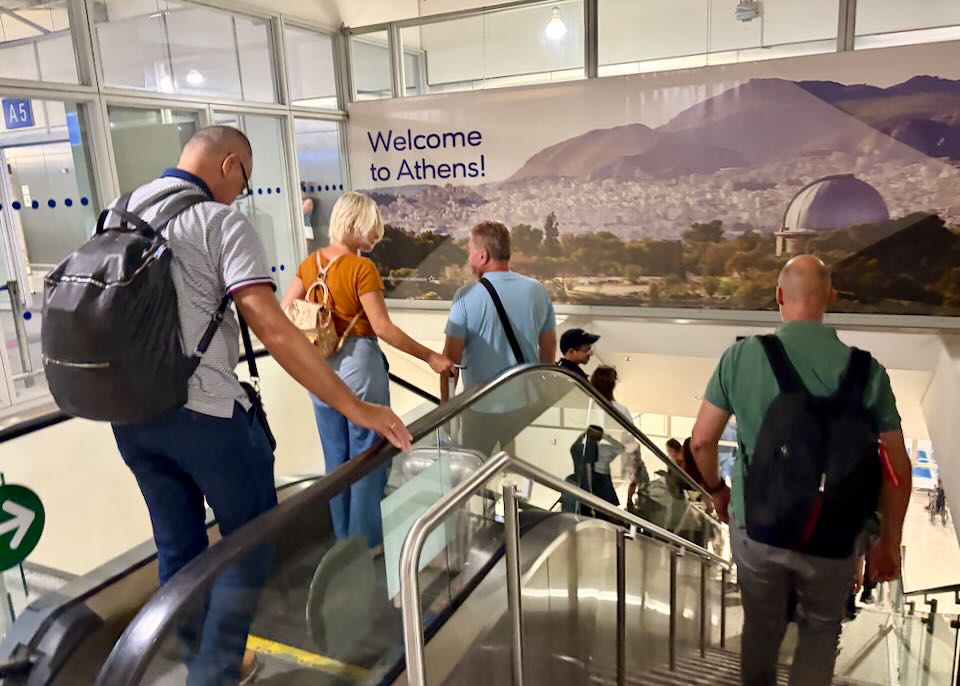Immigration and passport control at Athens International Airport.