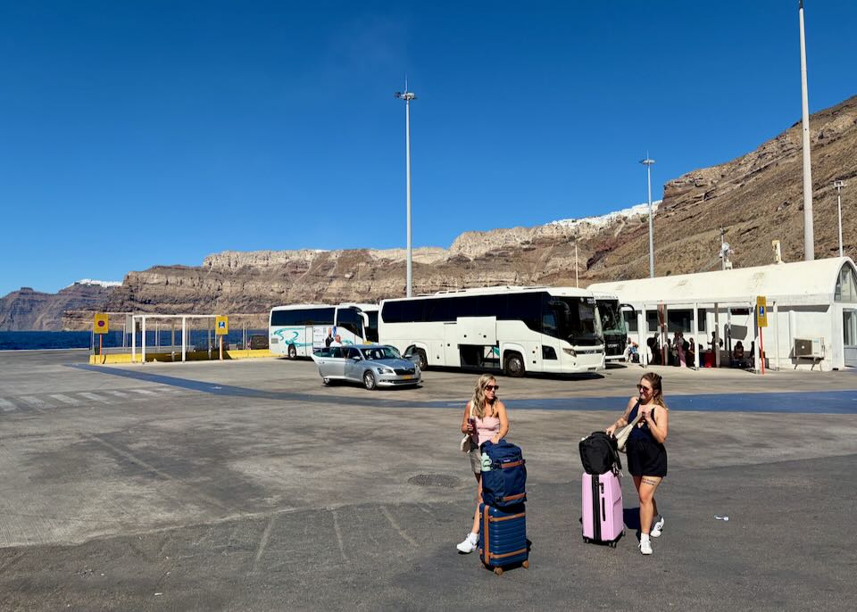 The bus station at the Santorini ferry port.