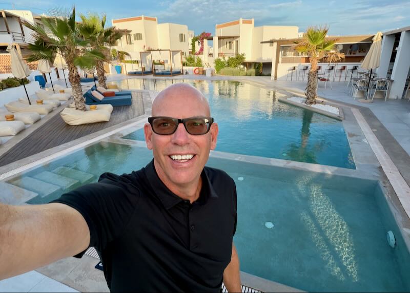 Santorini Dave at Paros hotel with pool.