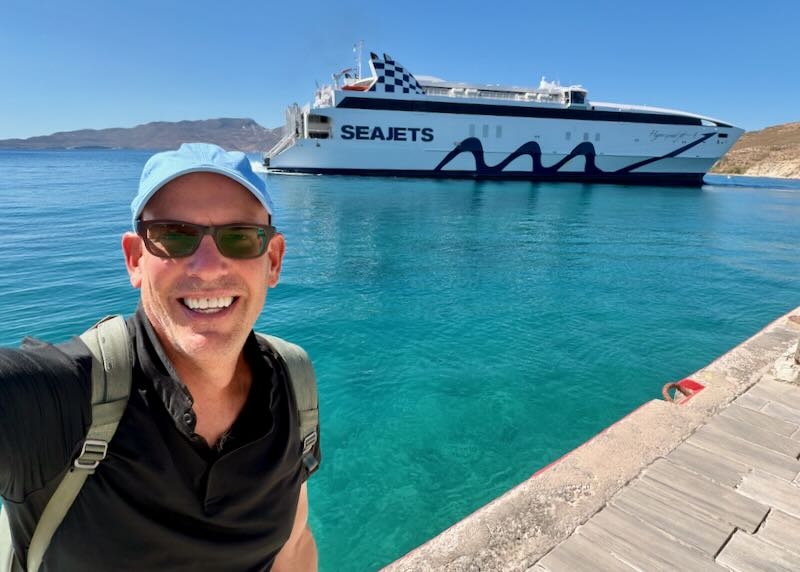 Santorini Dave at the ferry port in Milos.