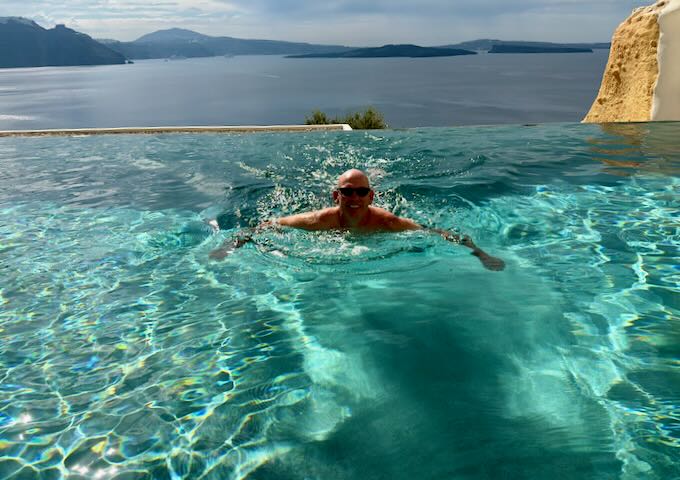 Santorini Dave in heated pool in Oia.