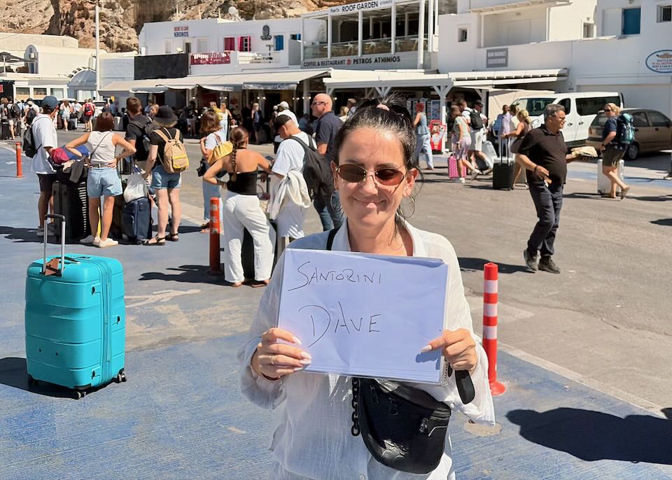 Welcome Pickups driver at the ferry port in Santorini.