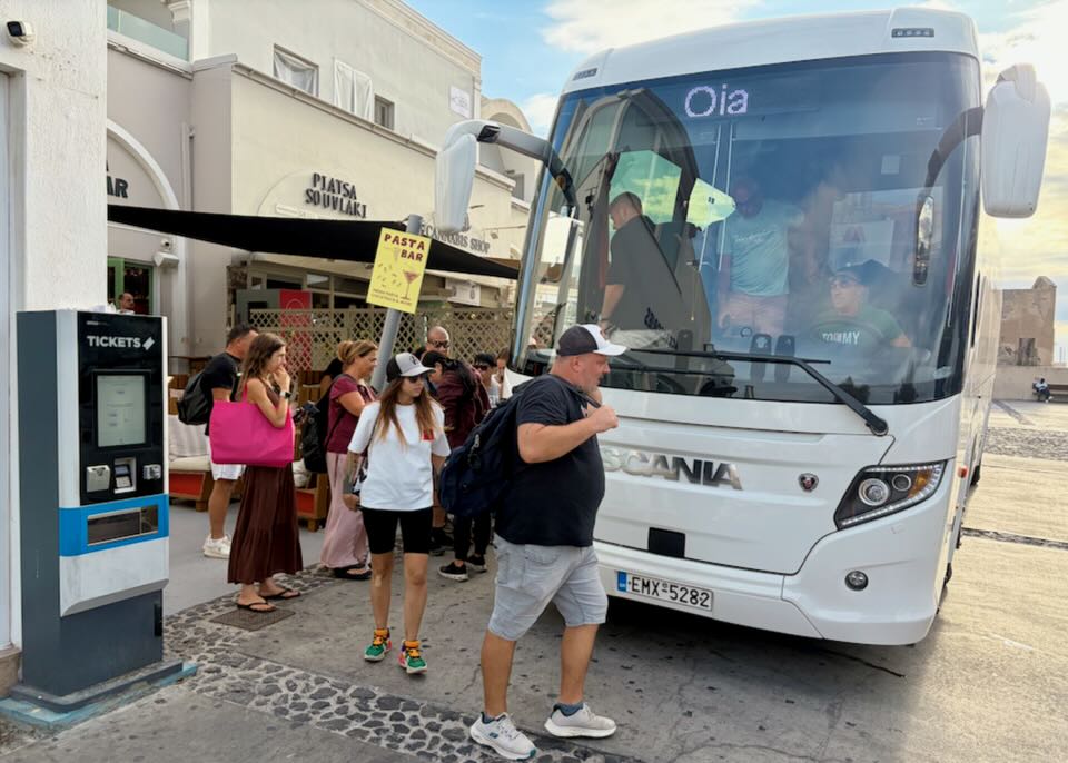 Ticket kiosk at the Oia bus station.