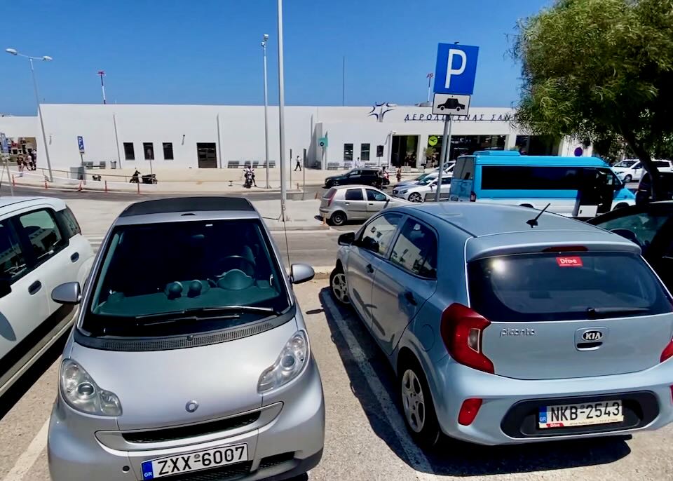 Rental cars at the Santorini airport.
