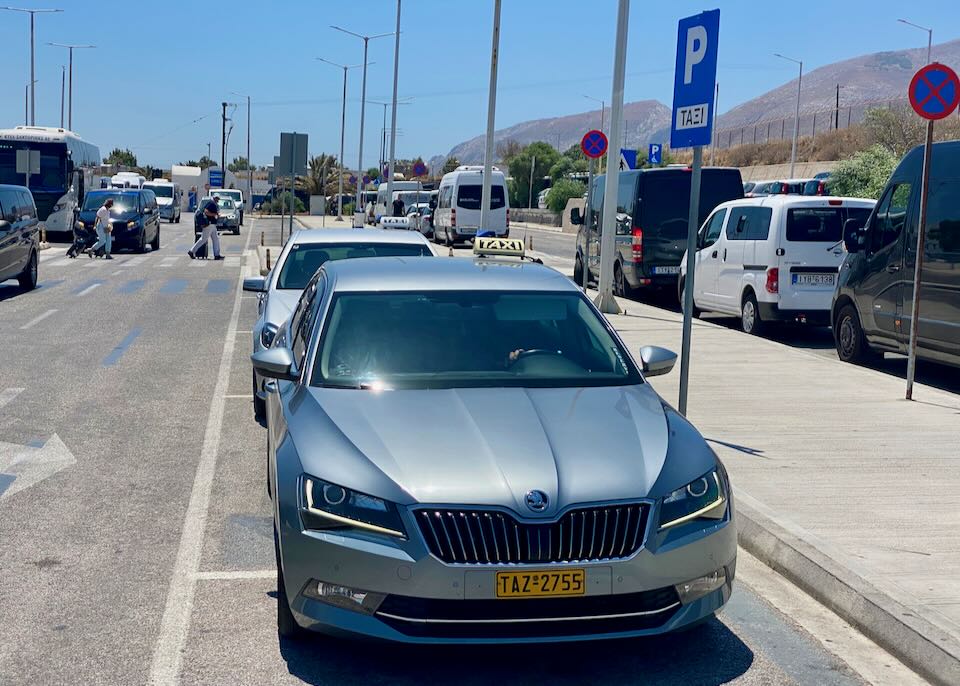 Taxis at the Santorini airport.