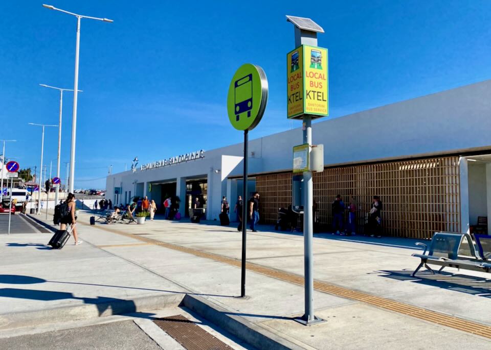 Bus stop at Santorini airport.
