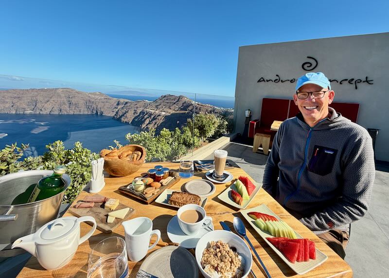 Santorini Dave having breakfast at his Imerovigli hotel.
