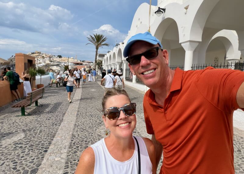 Santorini Dave and his wife in Fira.