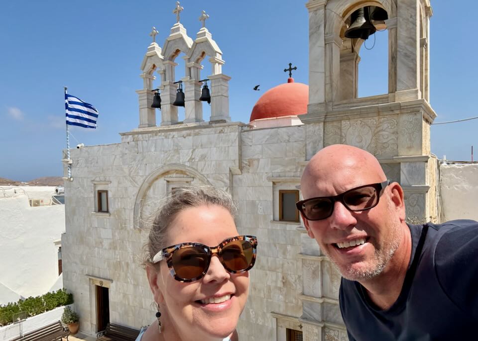 Santorini Dave and his wife on the Greek islands in August.