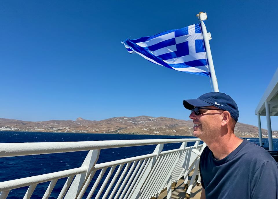 Santorini Dave on a Greek ferry in August. 
