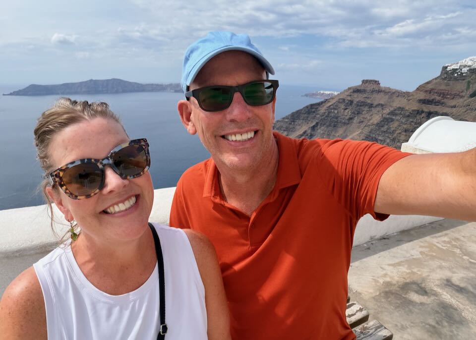 Santorini Dave with his wife on the Santorini caldera hike.