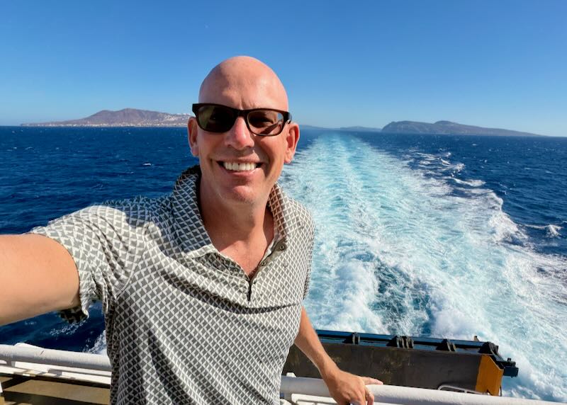 Santorini Dave on ferry in Greece.